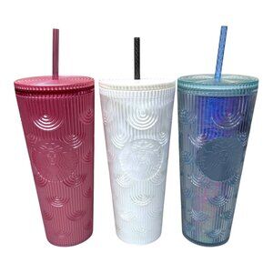 Starbucks White Pearl Blue Pink Shell Mermaid Scales Cold Cup Tumbler 24oz Set 3